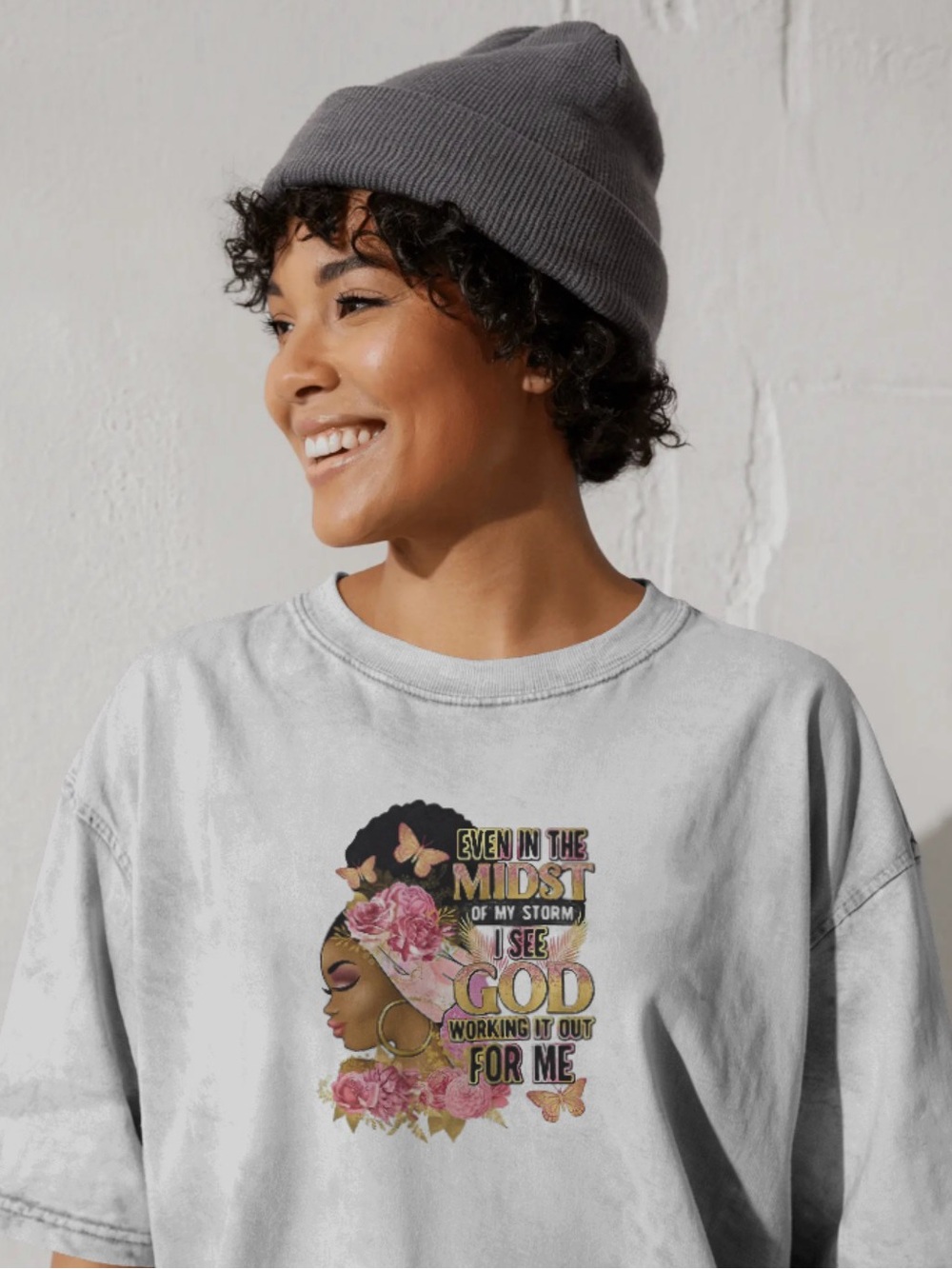 Graphic Crewneck Tee - White with Floral Faith Design